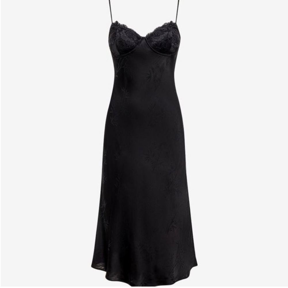 NWT Rumored Negroni Midi slip Dress Black Bamboo jacquard satin medium
